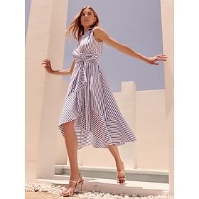 Cotton Stripe Tie Front Short Sleeve Maxi Dress