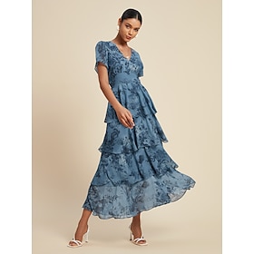 Women's Wedding Guest Dress Floral Dress Summer Dress Long Dress Maxi Dress Blue Short Sleeve Flower Flowers Flower / Plants V Neck Elastic Waist Printing Spri