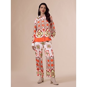 Satin Long Sleeve Bohemia Casual Shirt Pants Two Piece Set