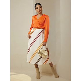 Satin Orange Crossover Collar Blouse Multi Color Stripe Midi Skirt Two Piece Sets