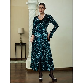 Sequin Dark Green Long Sleeve Split Knit Maxi Dress